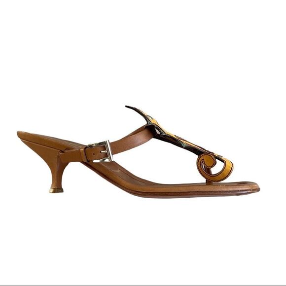 PRADA Leather Seahorse Sandals Kitten Heel Cognac Brown Green Yellow 5.5 - Picture 4 of 14